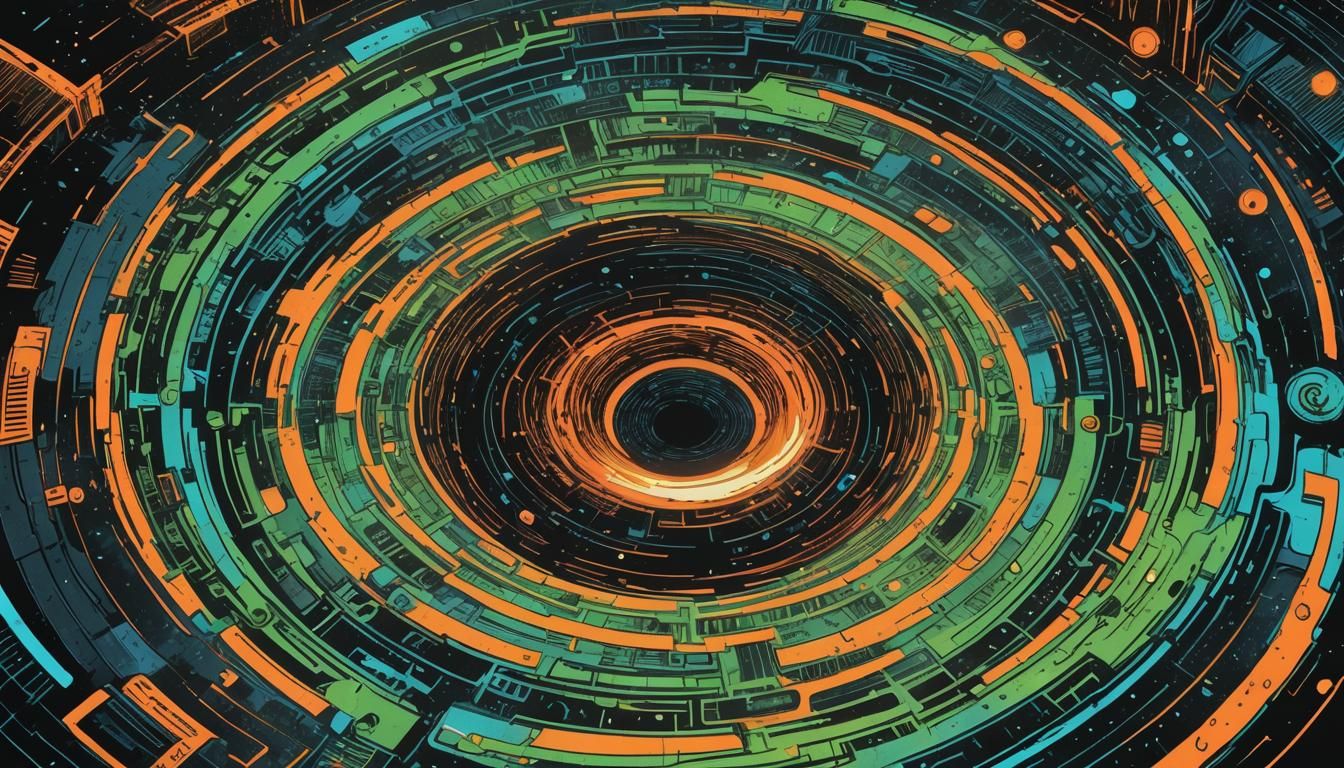 Cyberpunk Comic Book Art with Black Hole Coil Transformer