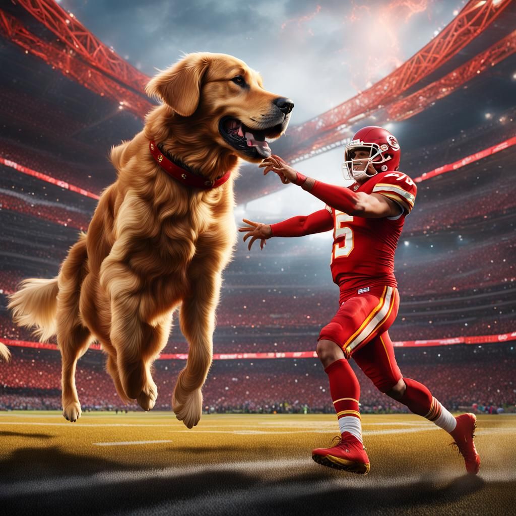 Surreal Golden Retriever Plays with NFL Star in Vibrant Fant...