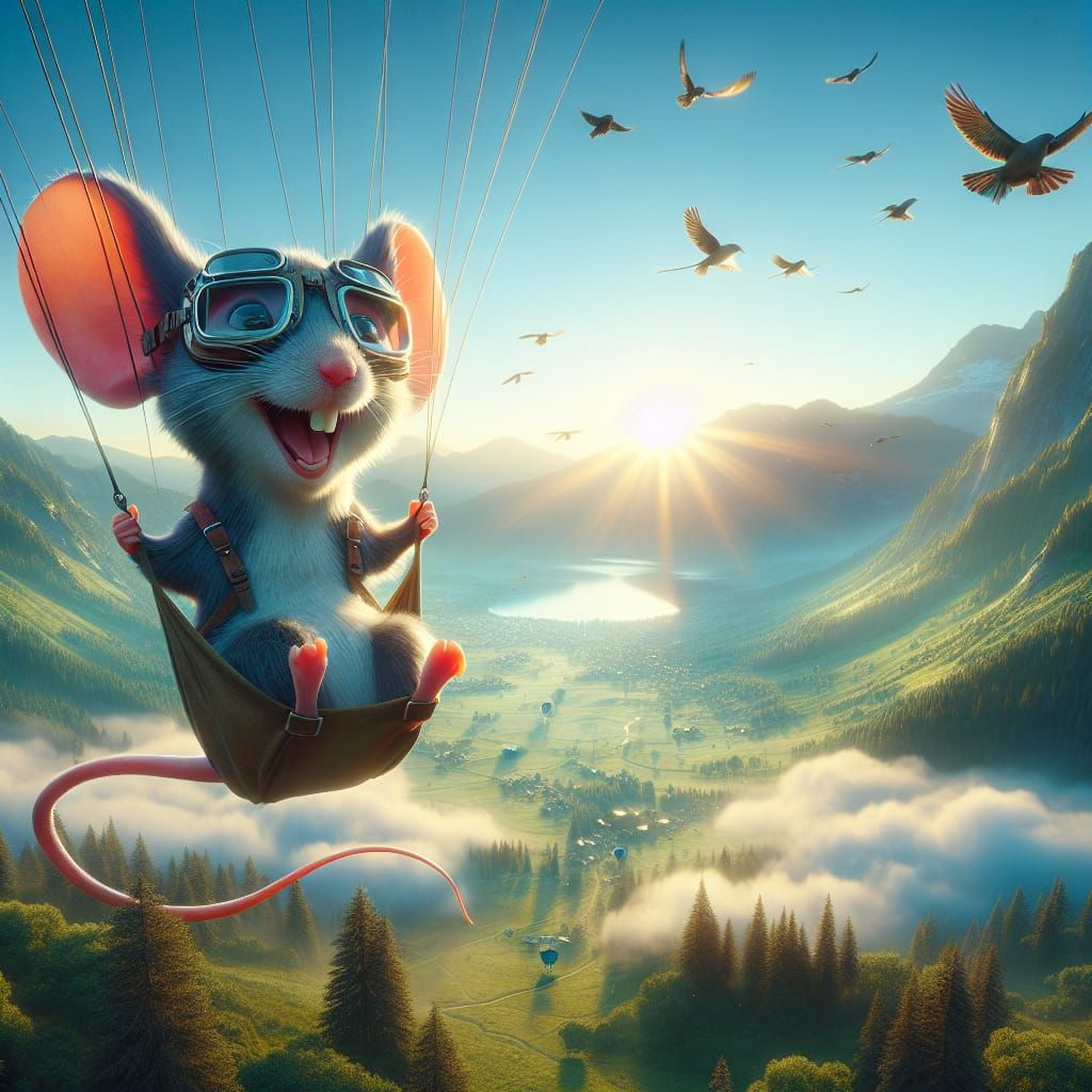 Joyful Mouse Hang-Gliding Over Mountain Meadow in Early Morn...