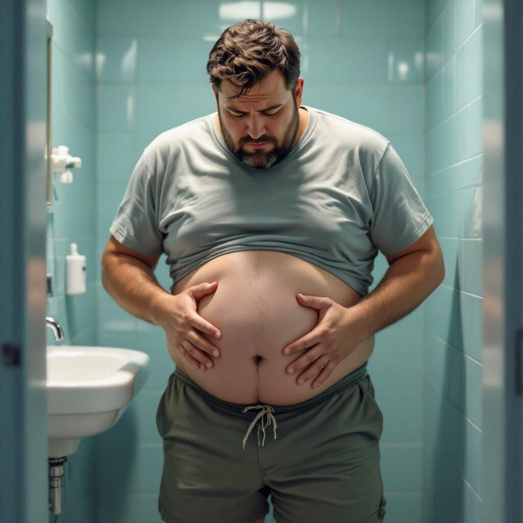 Distressed Man in Bathroom, Realistic Norman Rockwell Style