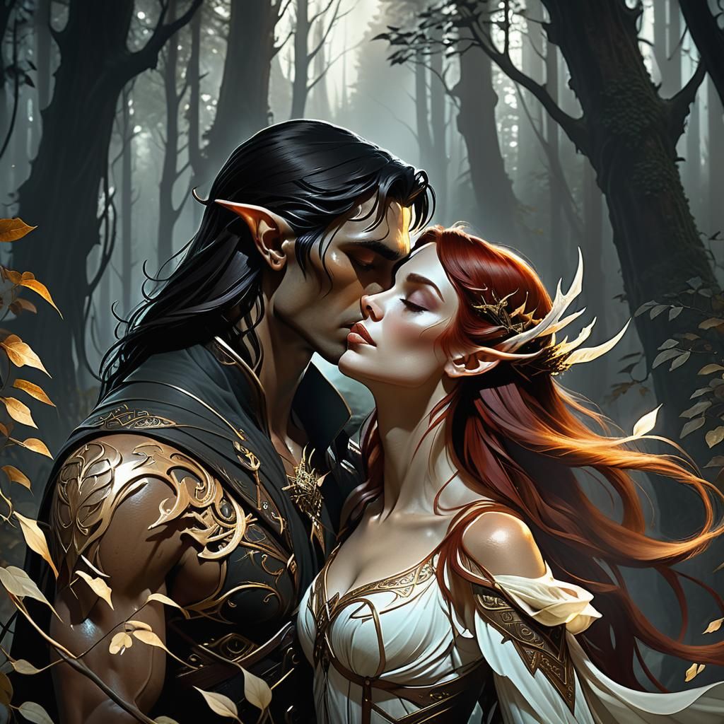 Forbidden Love: Drow Elf Kiss in Misty Forest