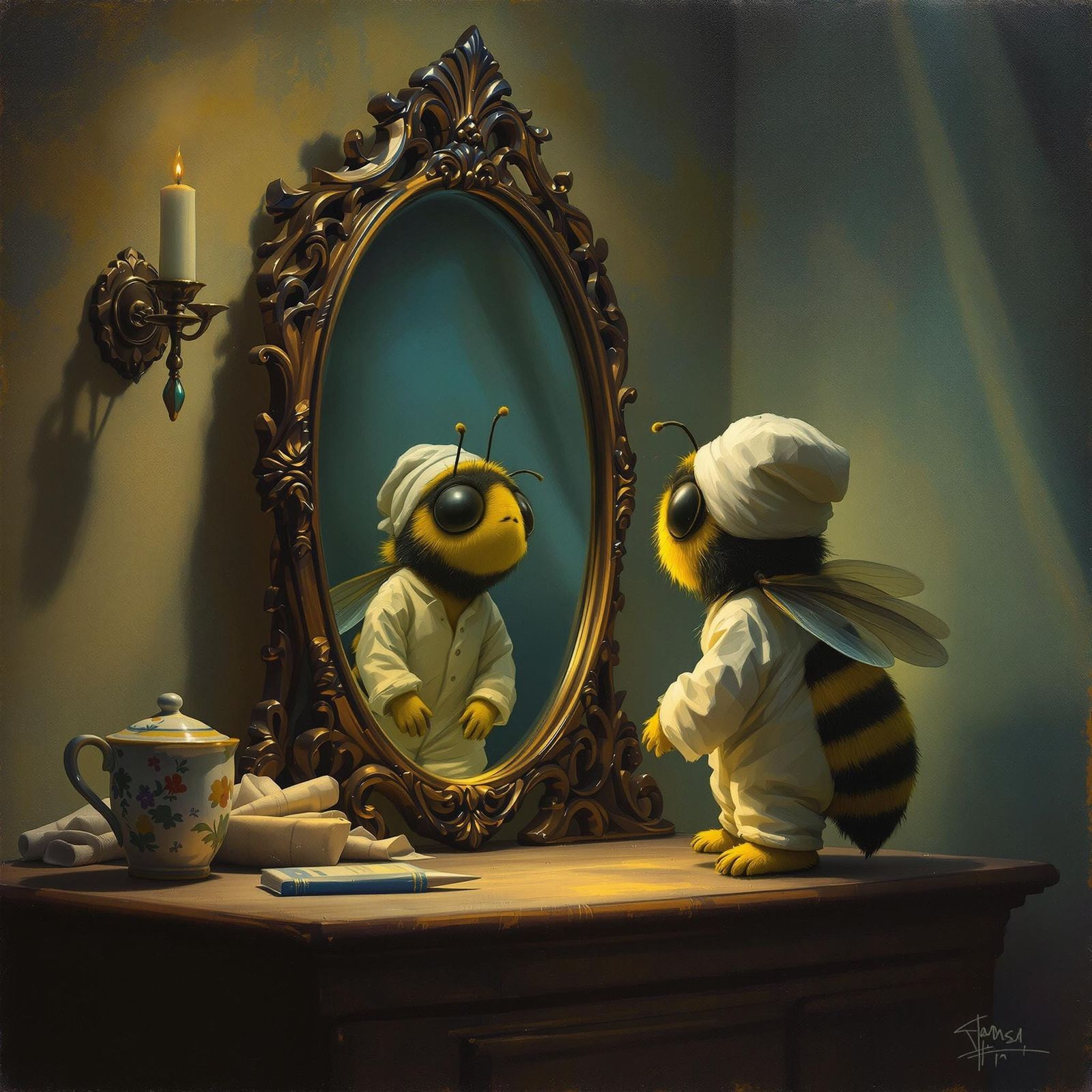 Sleepwalking Bumblebee Gazing in a Dreamy Mirror
