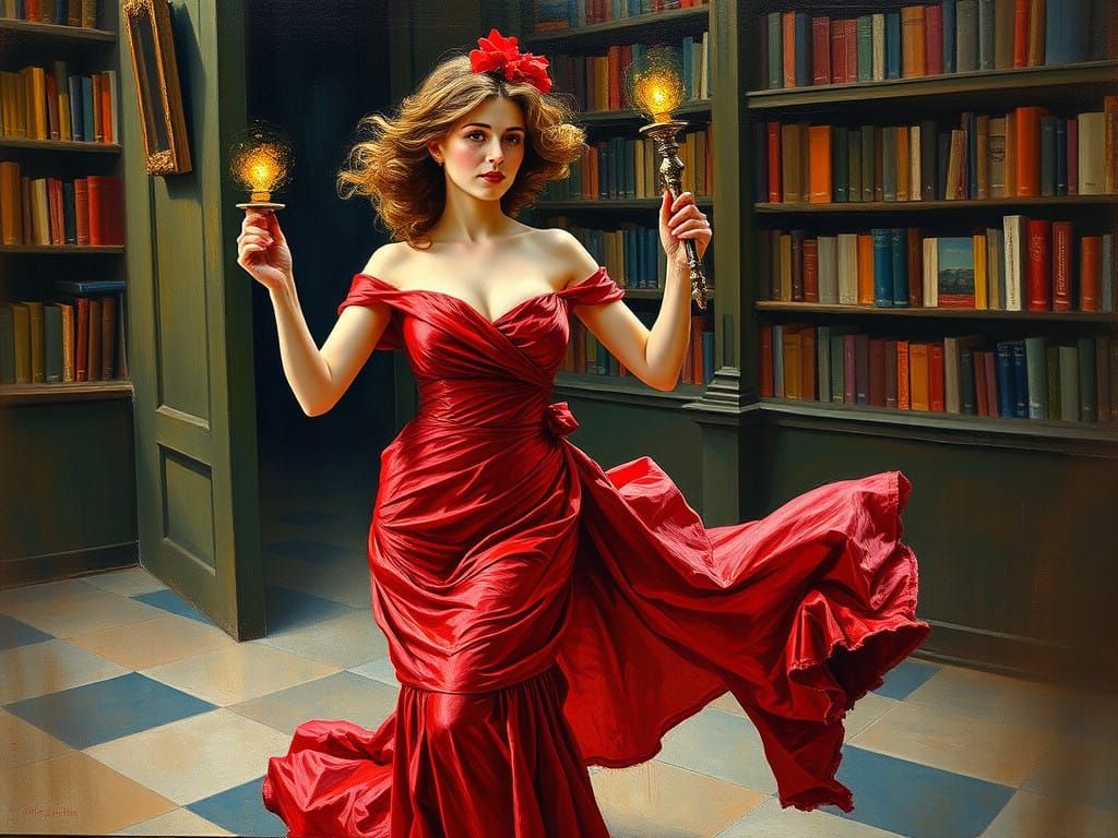 Dramatic Portrait of Miss Scarlett in a Library Setting