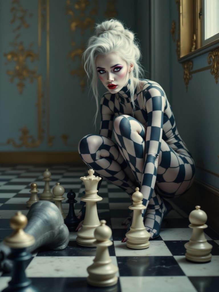 Surreal Figure Crouches on Chessboard Floor in Dark, Moody S...