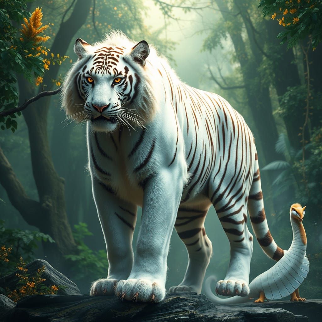 Hyperrealistic White Tiger Warrior Biped in a Lush, Vibrant ...