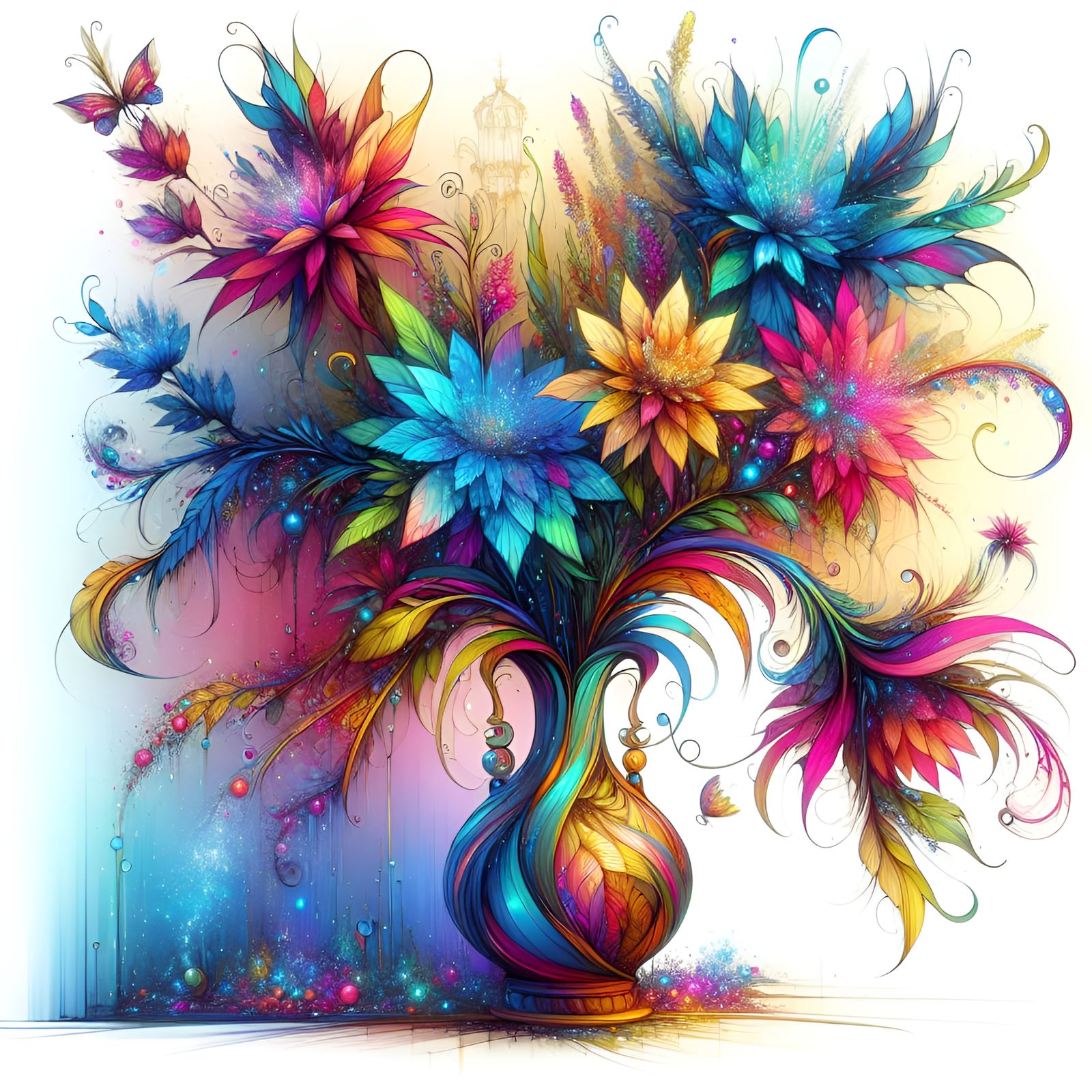 Vase of fantasy fairy enchanted flowers, brightly neon color...