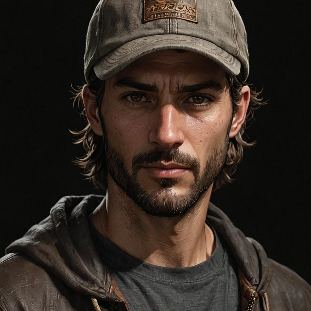 Man in Hat Looks at You with Brown Eyes