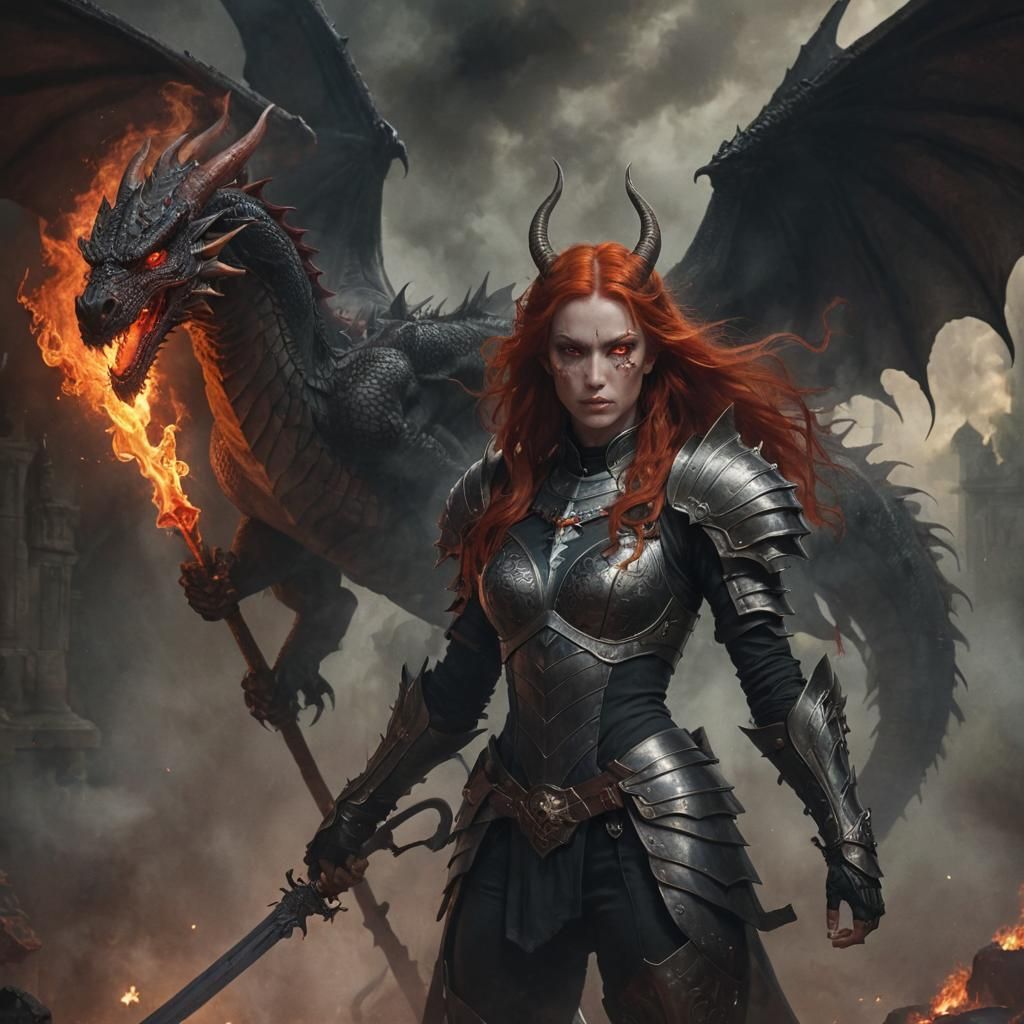 Gothic Woman Dragon in Fiery Armor, Wings Outstretched