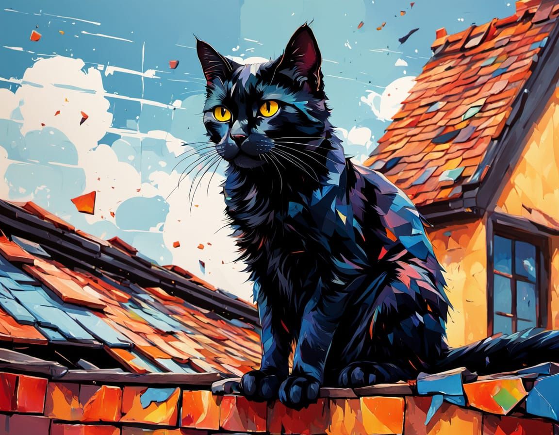 Black Cat on Broken Roof - Hyperrealistic Concept Art