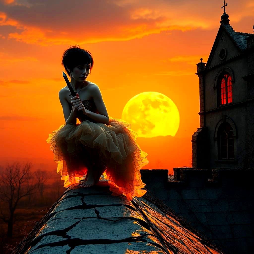 Dark Fantasy Goddess on Rooftop of Ashy Mansion