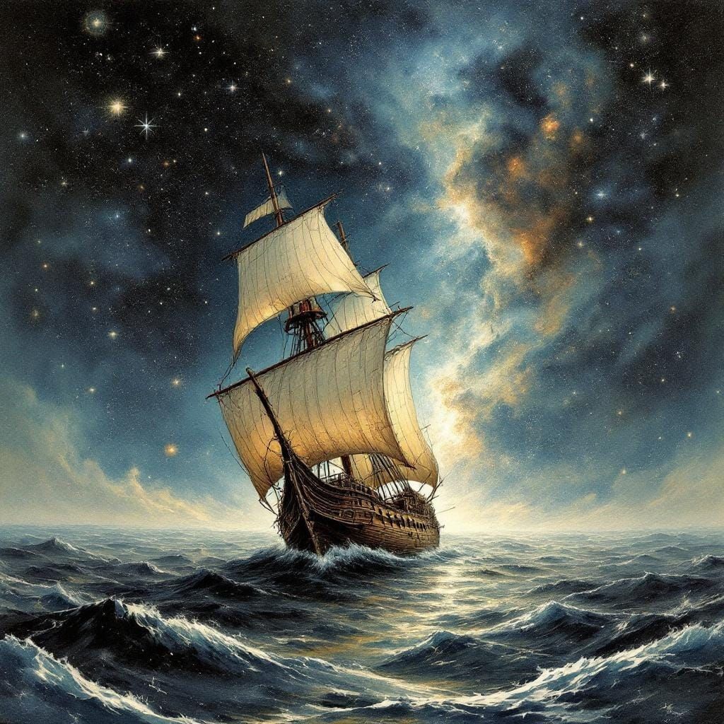 Galleon Sailing Through Stars in Japanese Art Style