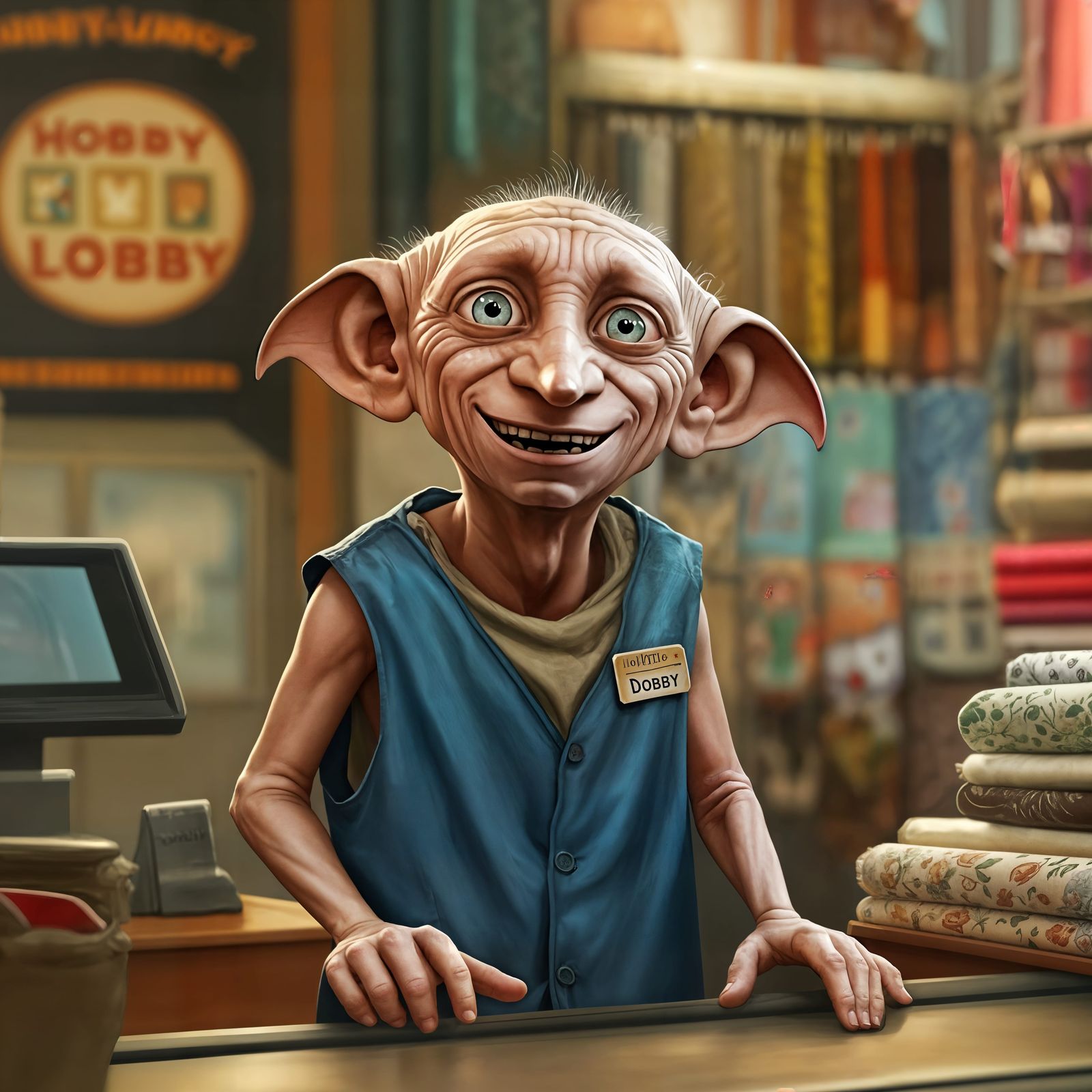 Dobby the House Elf Works at Hobby Lobby in a Sunny Day Scen...