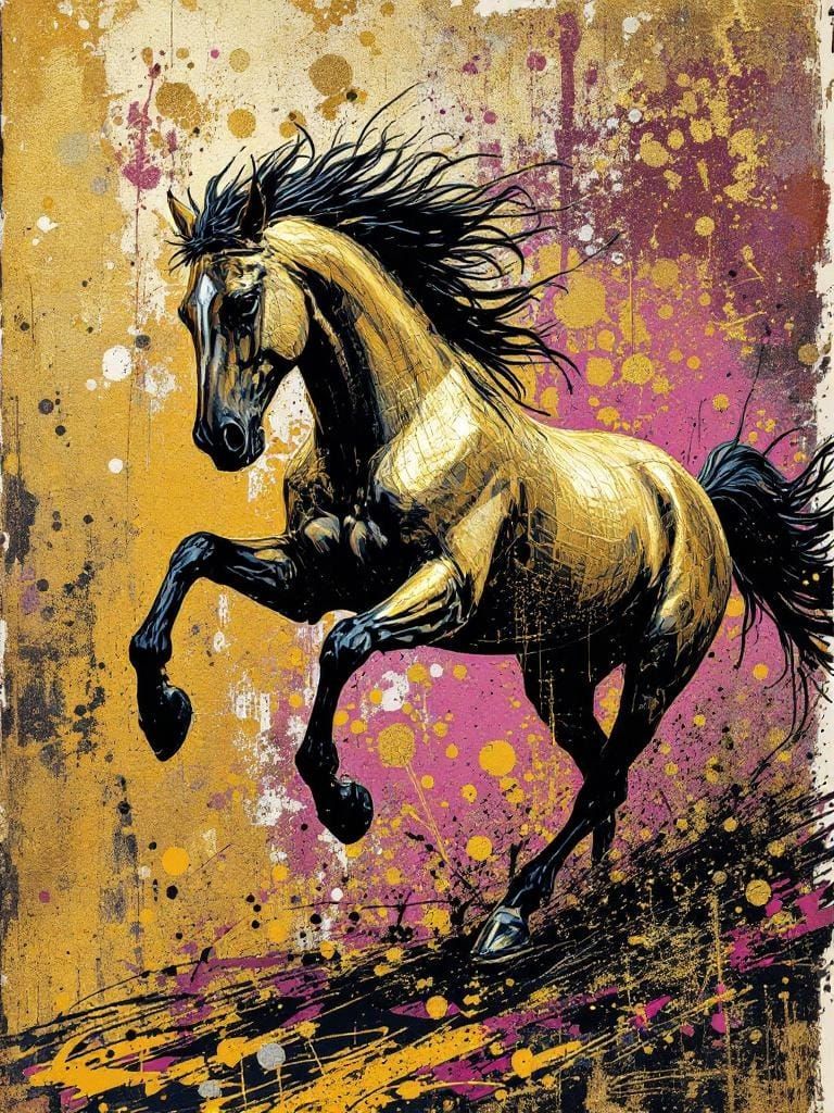 Horse Running Free: Klimt and Basquiat Inspired Mimeograph