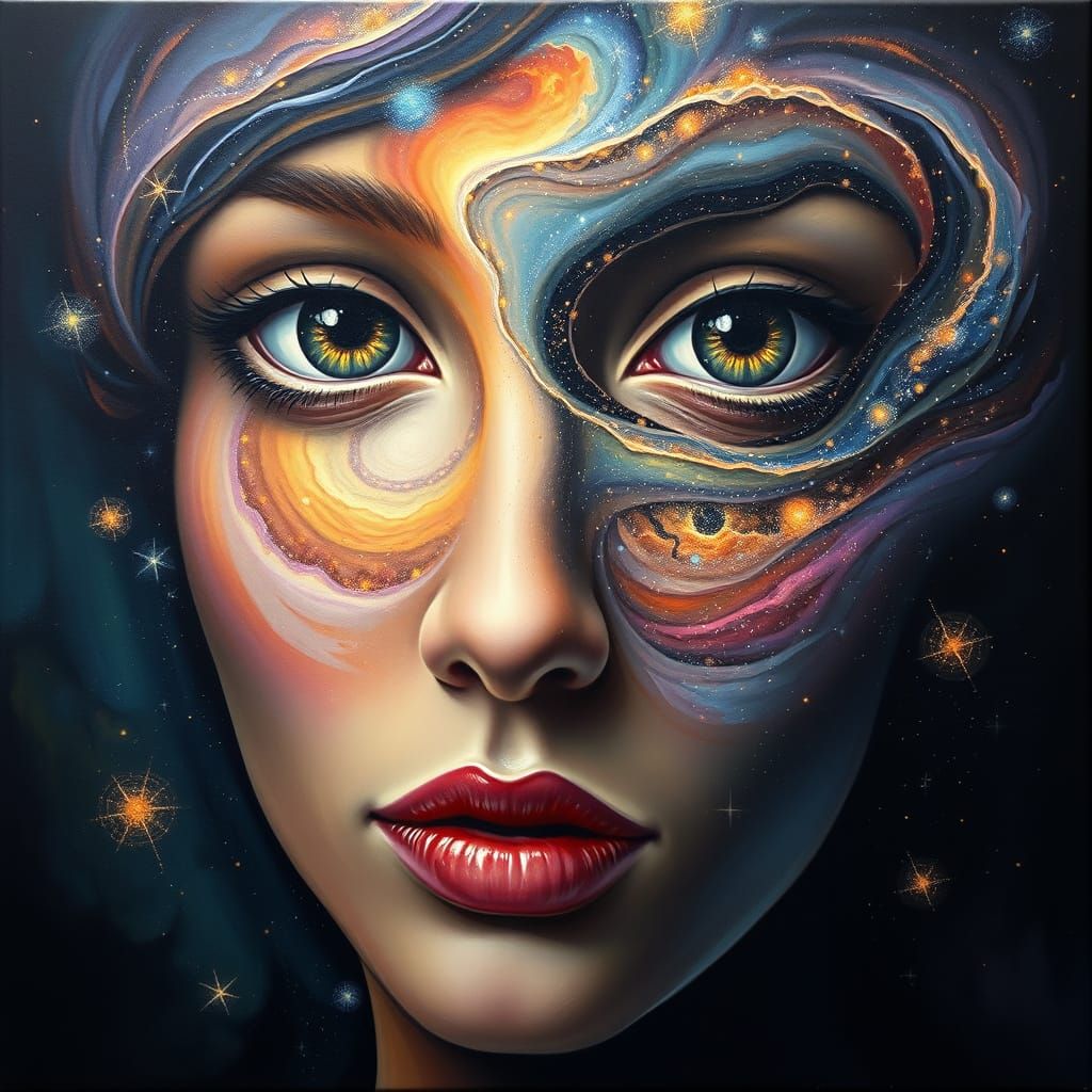 Ethereal Goddess of the Cosmos in Swirling Galaxy Portrait