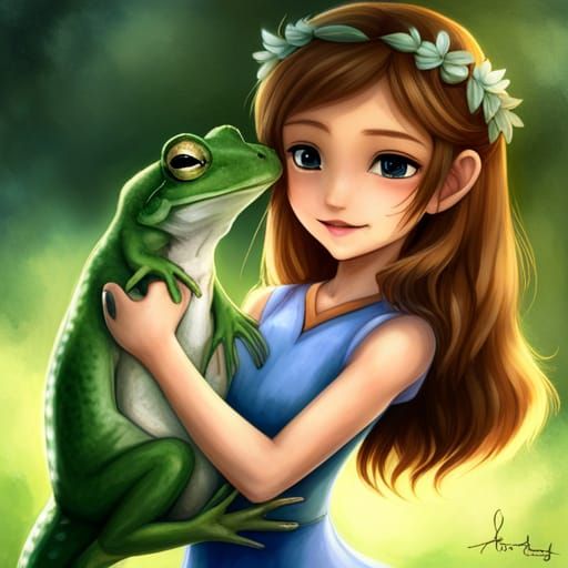 A Girl in a Whimsical Garden Embracing Her Furry Companion