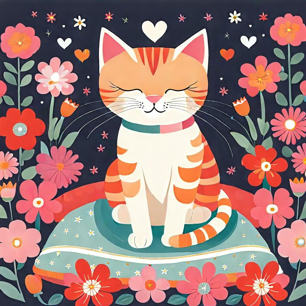 Cute Cat Surrounded by Vibrant Blooms in a Whimsical Digital...