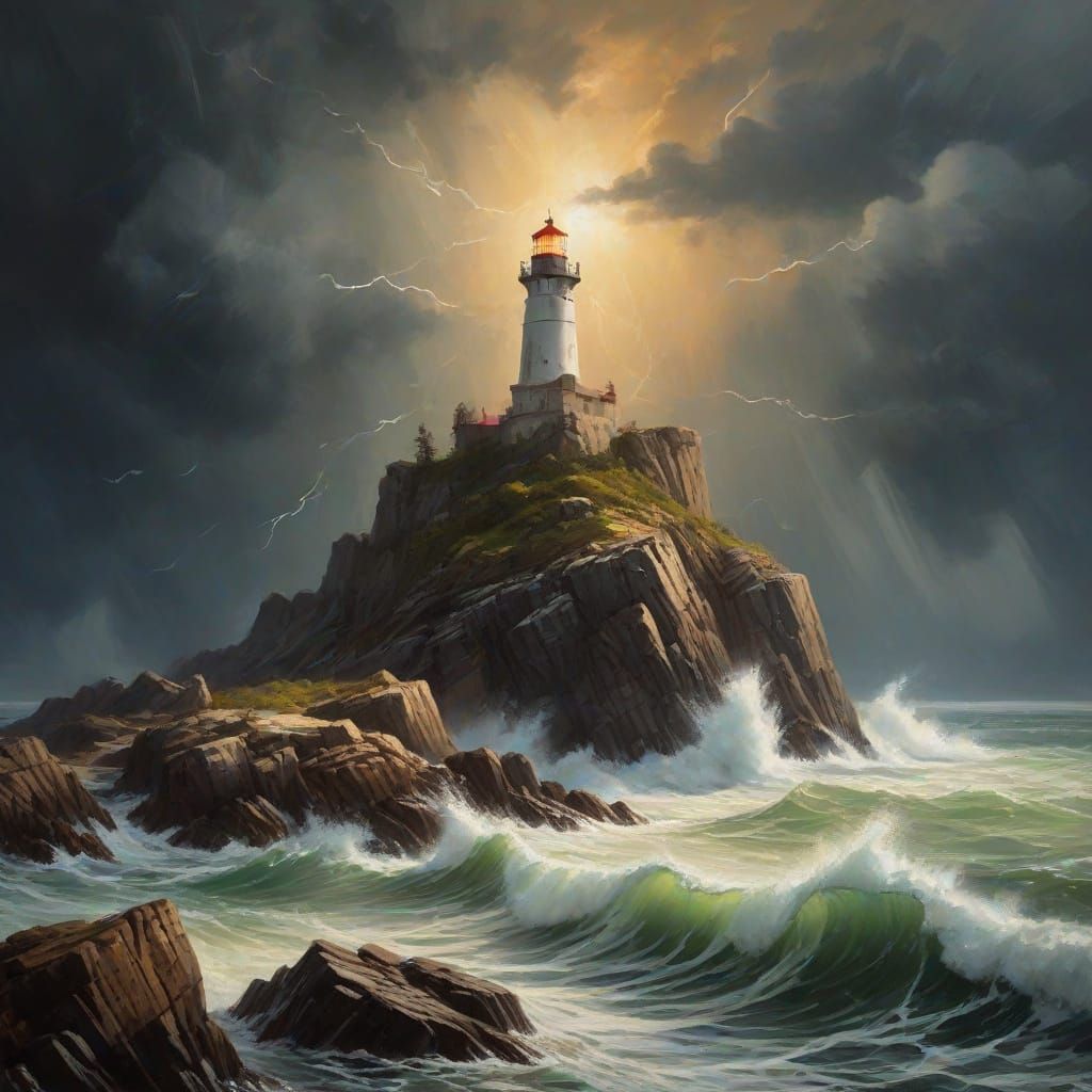 Lighthouse on Rocky Cliff in Impasto Oil Painting