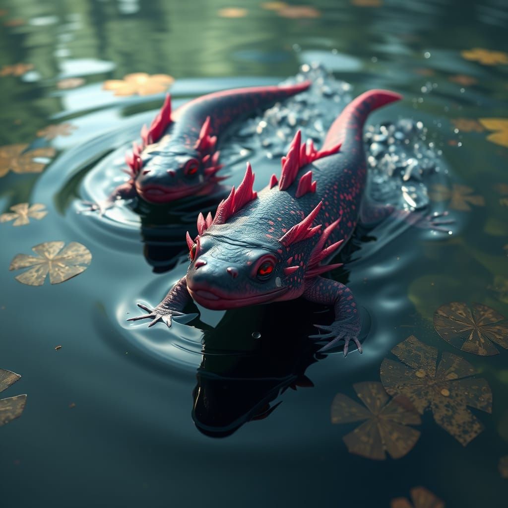 Bioluminescent Axolotls in a Mystical Lake
