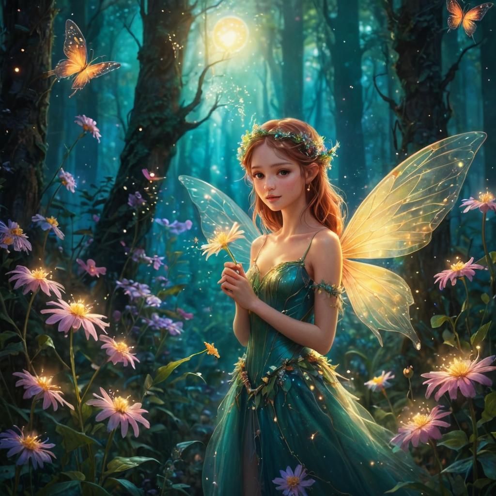 Whimsical Fairy in a Fantasy Forest Blooms with Glowing Flow...