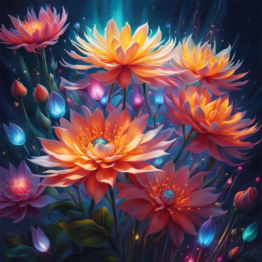Vibrant Magical Blooms Shine in Glowing Hyperrealism