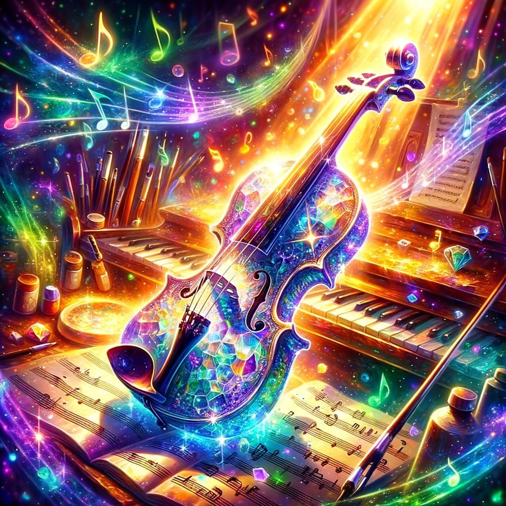 Anime-Style Gemstone Violin in a Vibrant Musical Workshop
