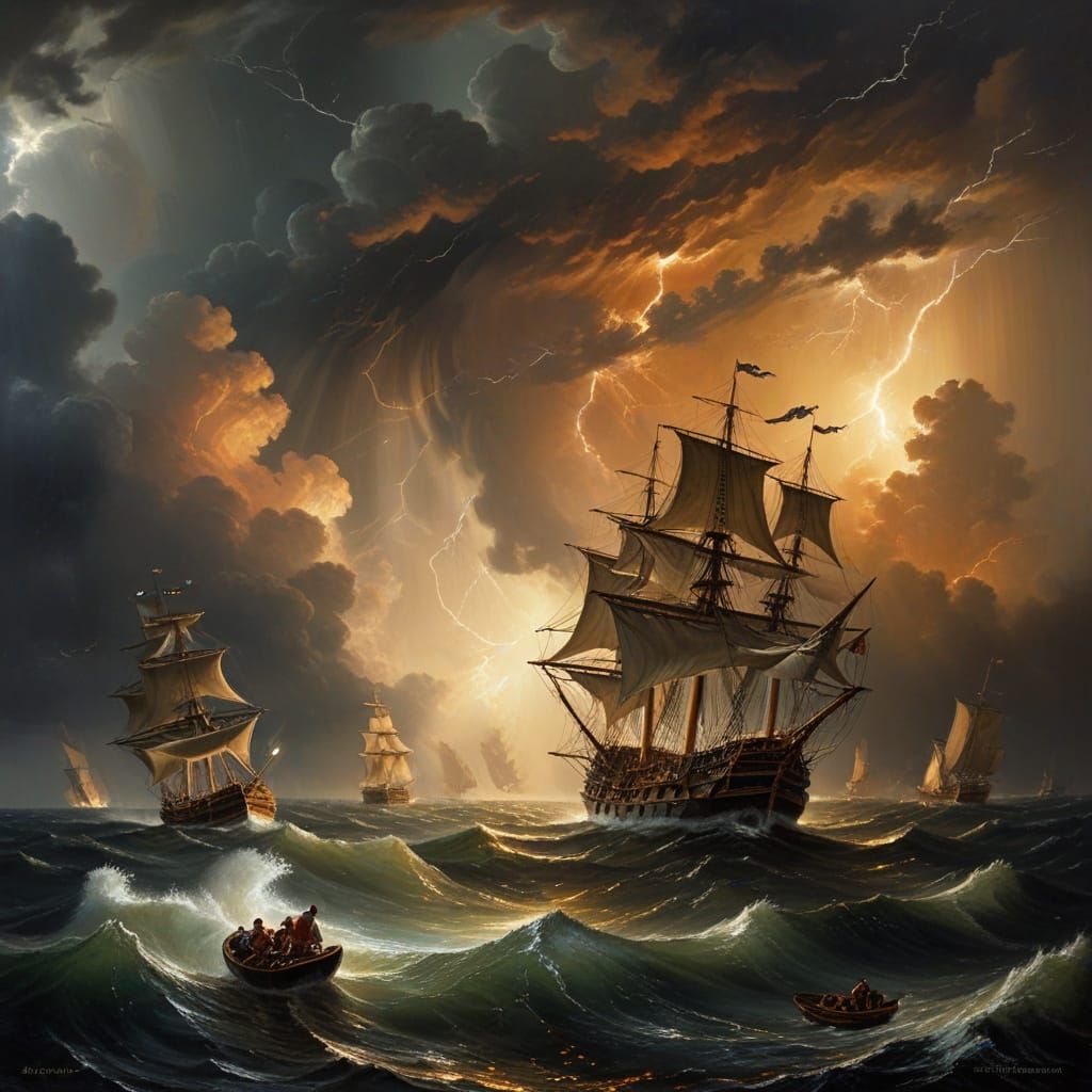 Vibrant Baroque Oil Painting of a Stormy Night at Sea