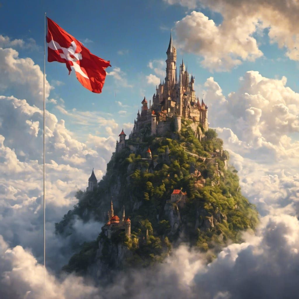 Castle Floating Amongst Cumulus Clouds with a Single Flag Fl...