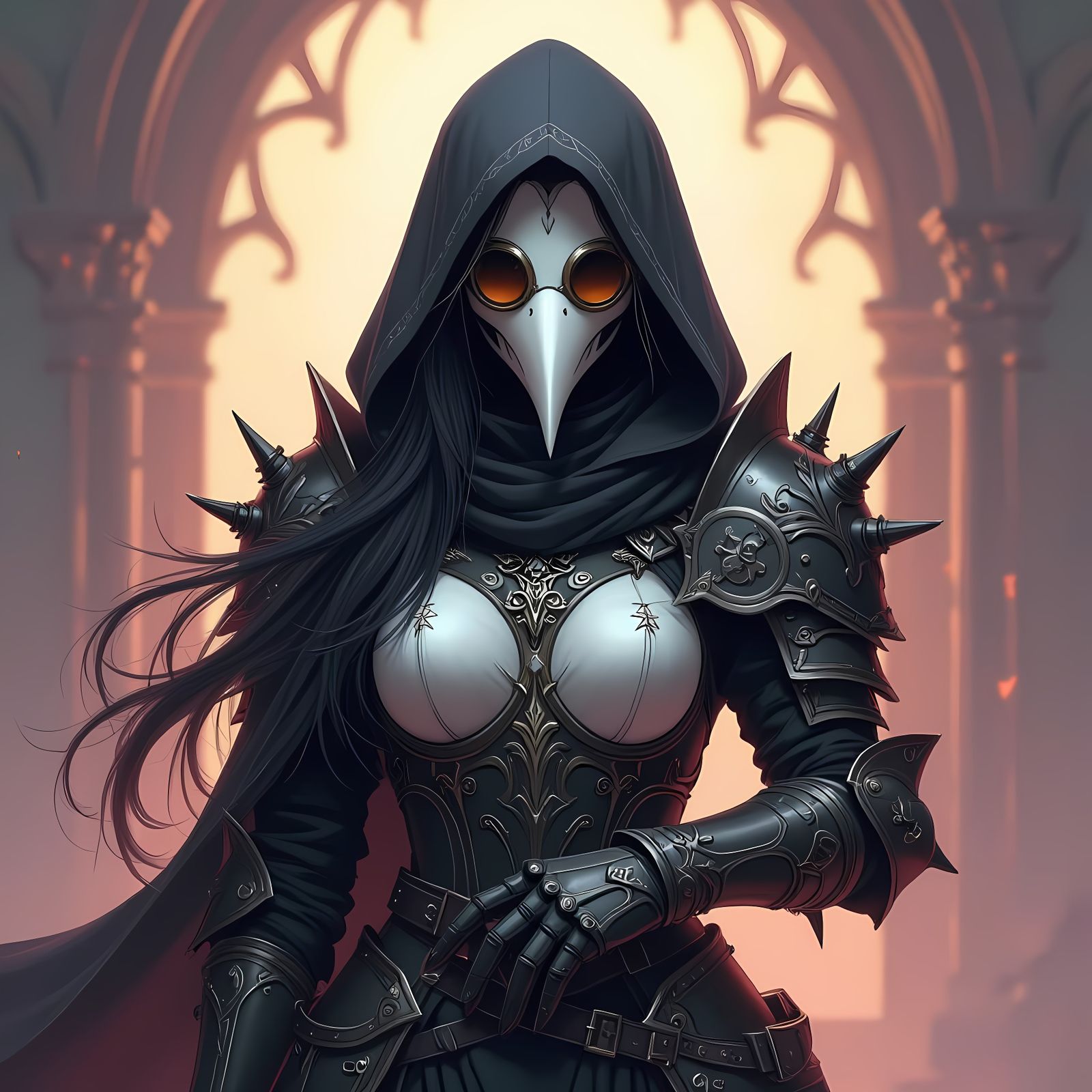 Anime Woman in Dark Fantasy Armor with Plague Mask