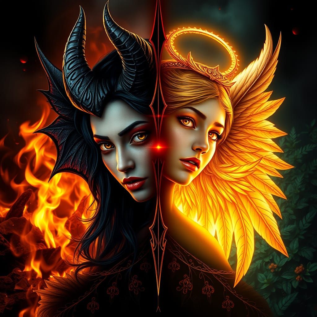 Demonic Maiden and Angel Goddess Portrait in Dramatic Style