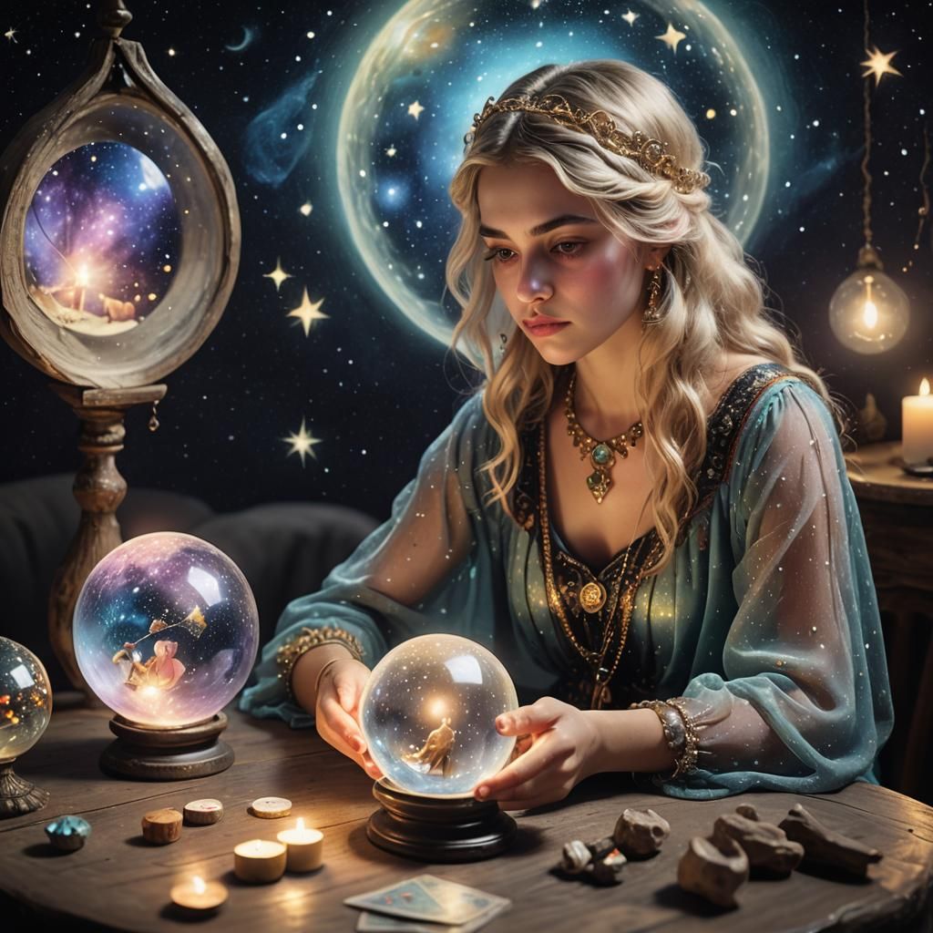Dreamy Gypsy Fortune Teller Under Ethereal Starlight