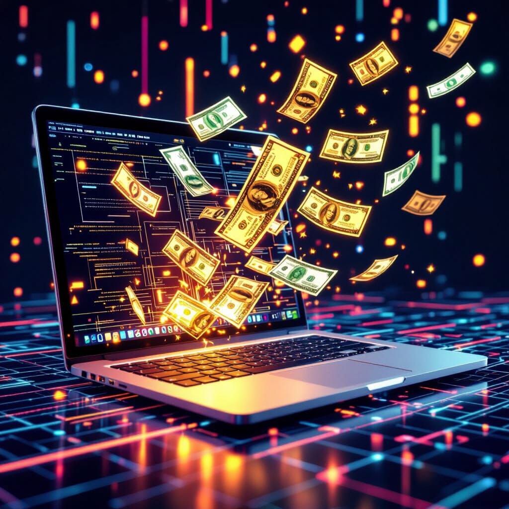 Futuristic Laptop Spews Glowing Dollar Bills