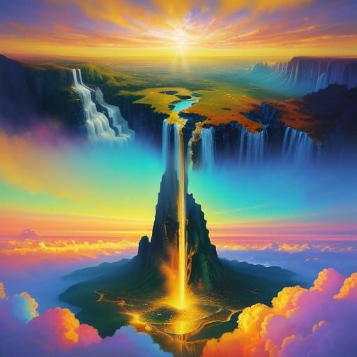Heavenly Upside-Down Waterfall: Surreal Oil Painting