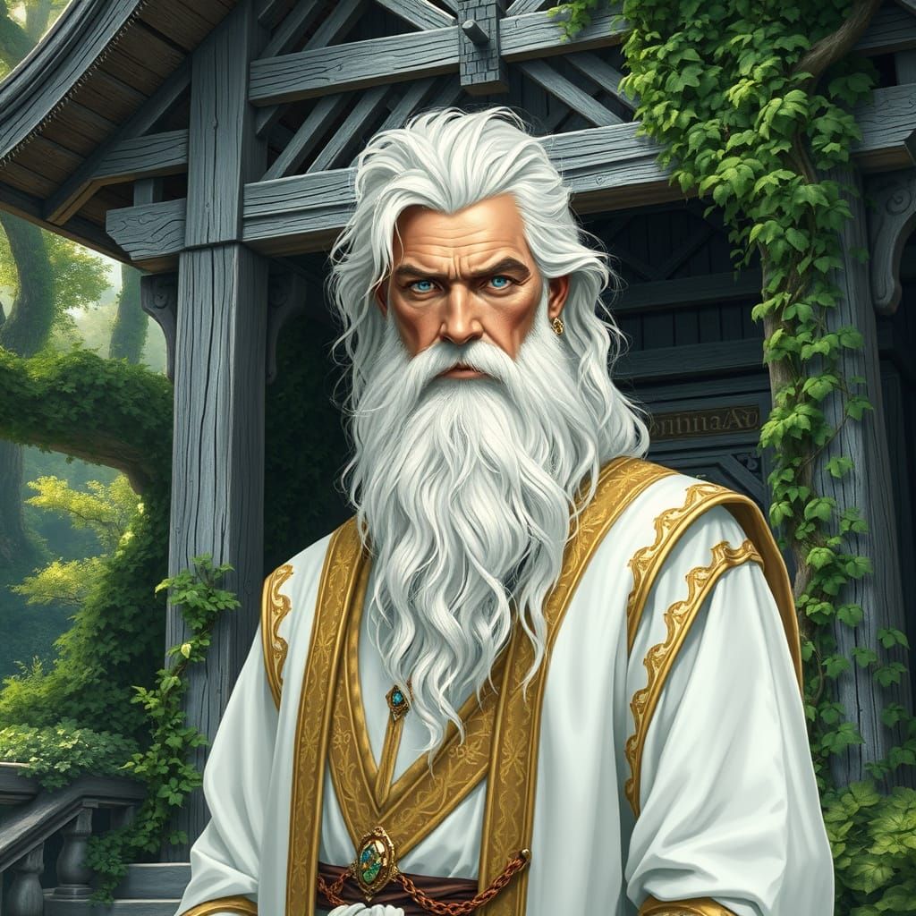 Wisdom Keeper in White Robes Amidst Ancient Temple