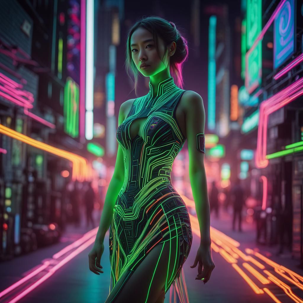 Ethereal Cyberpunk Goddess in Vibrant Neon Dress