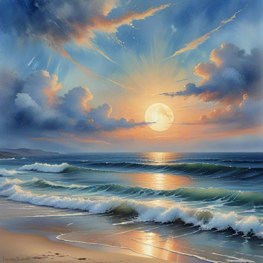 Blue Moon Over Sunlit Sea in Dreamy Watercolour