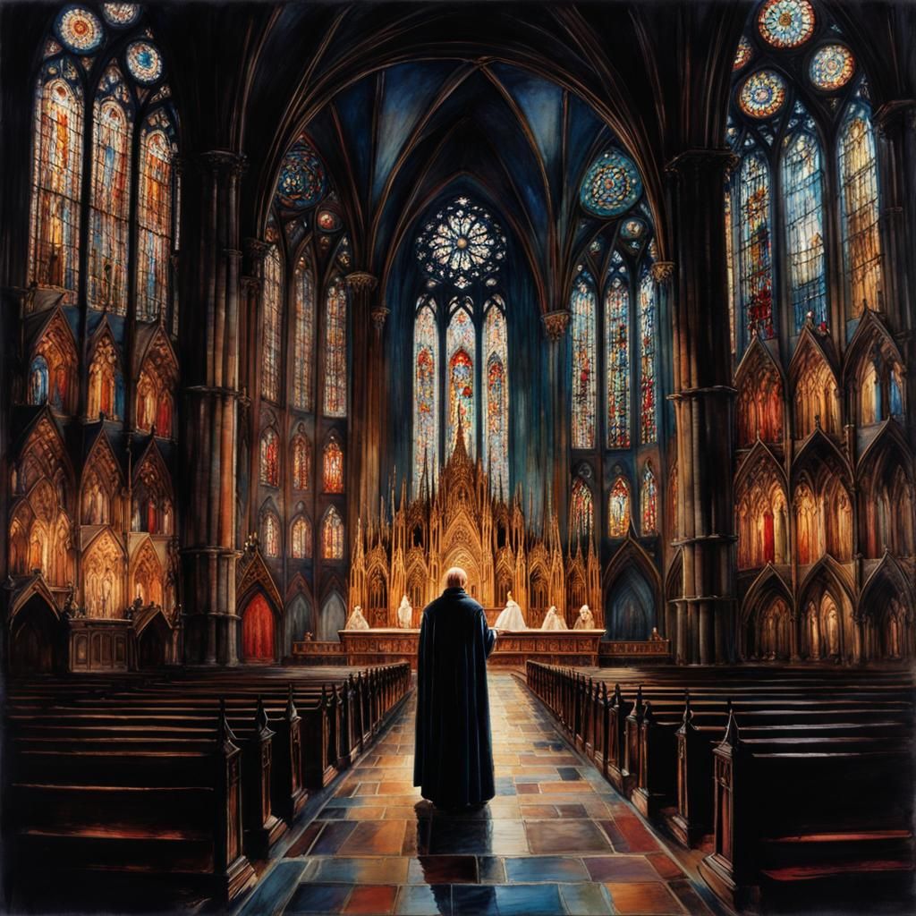 Medieval Cathedral at Sundown in Watercolor