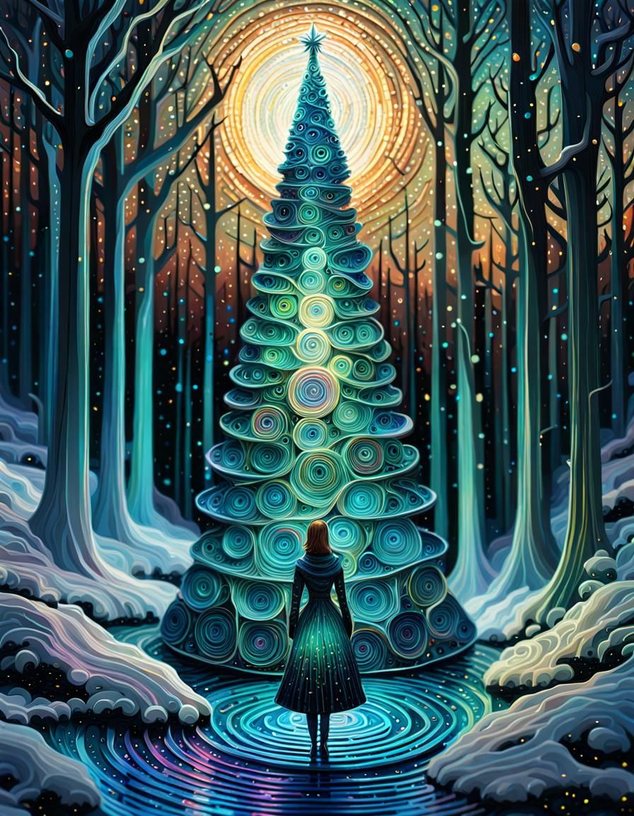 Surreal Iridescent Christmas Tree Forest in Abstract Geometr...