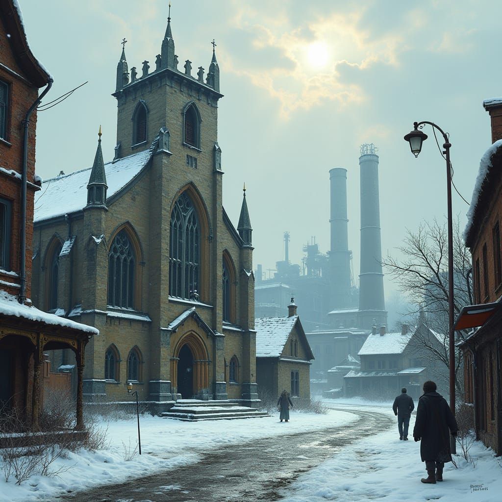 Gritty Industrial Cityscape with Gothic Church and Snowy Tow...