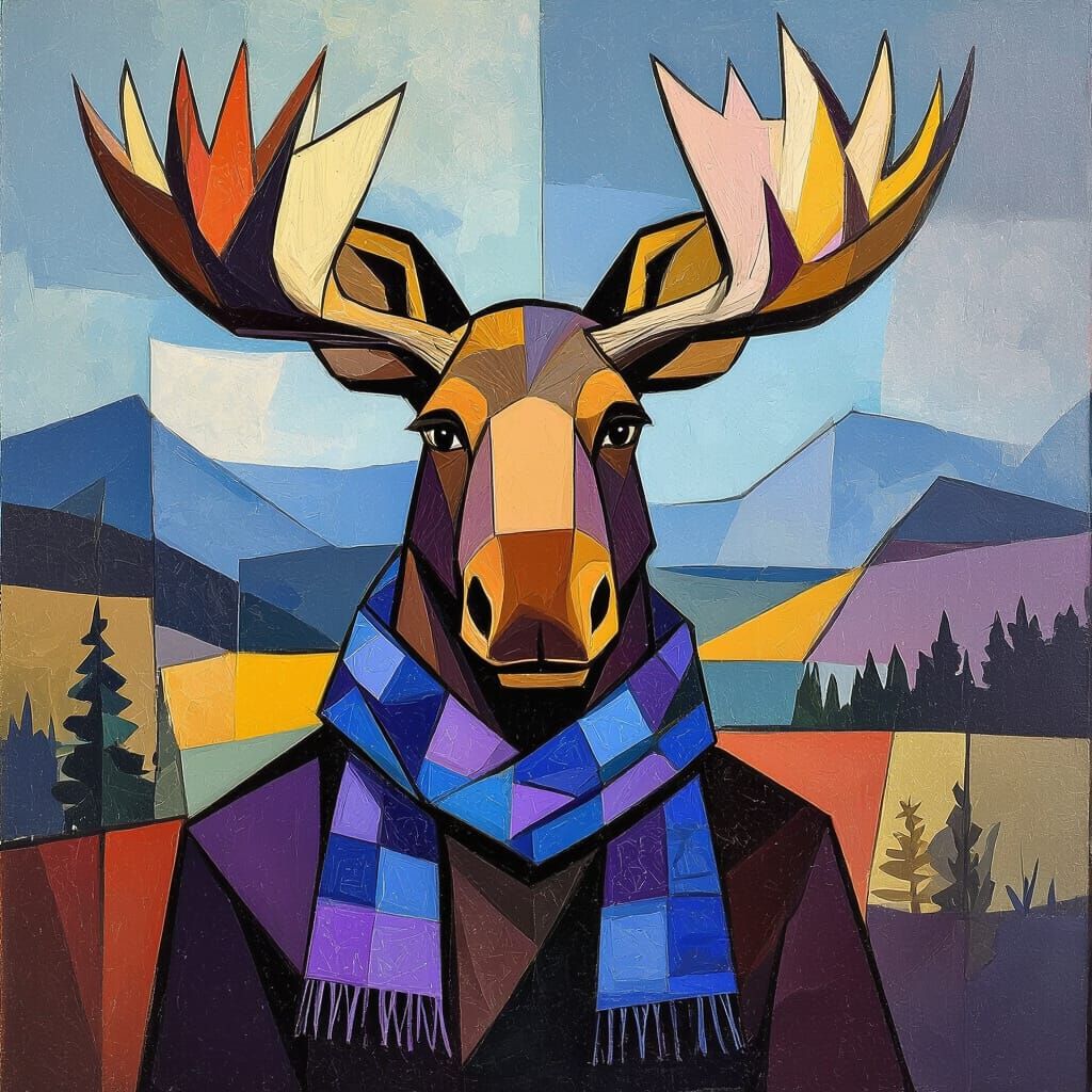 Moose in Fragmented Cubist Landscape with Abstract Blues and...