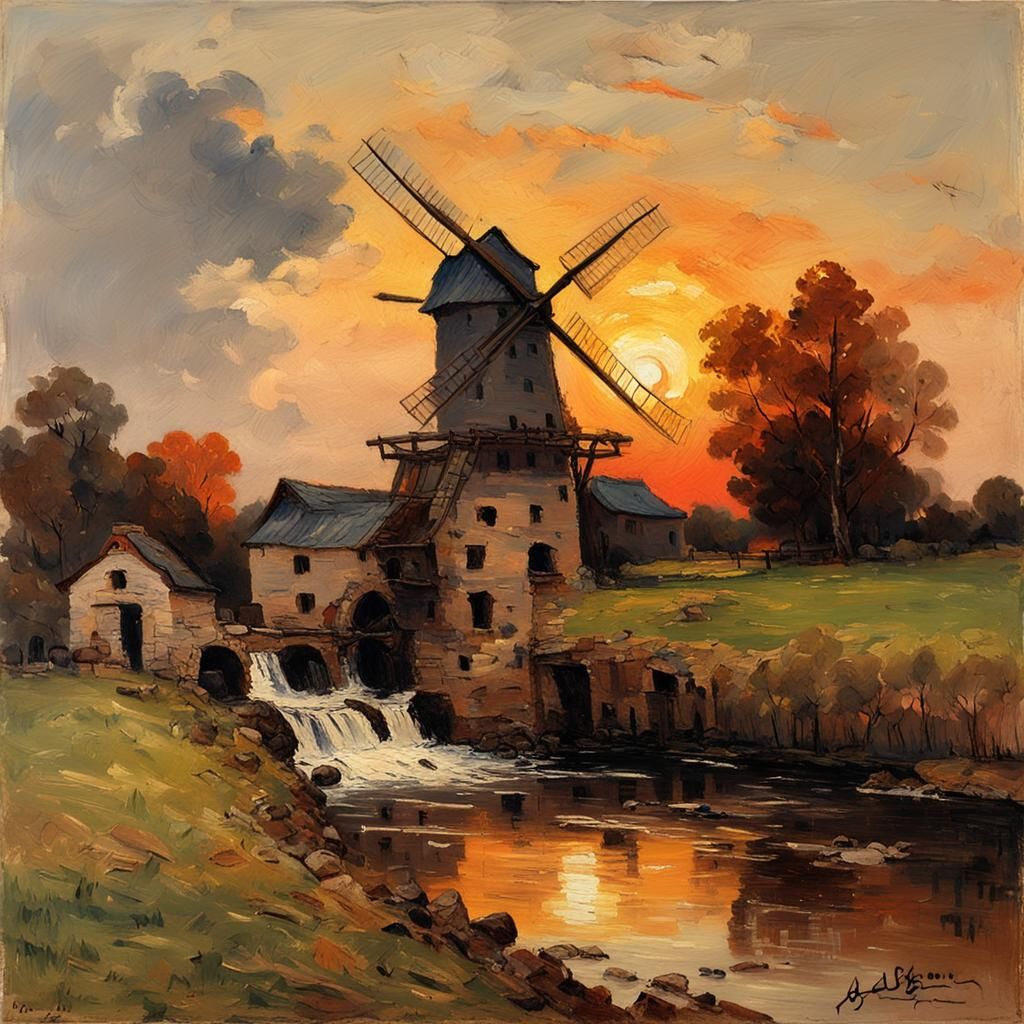 Impressionist Masterpiece of a Windy Old Mill at Sunset
