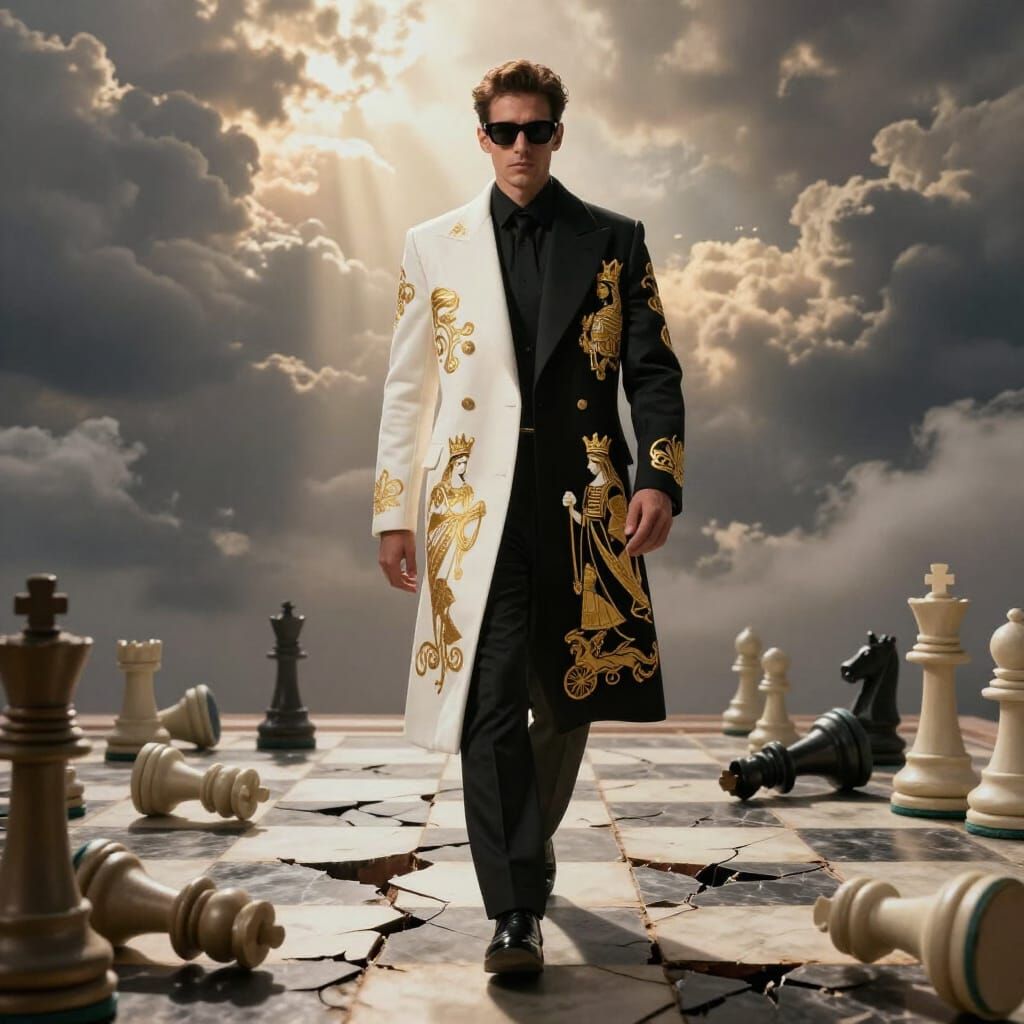 Man in Striking Coat on Cracked Chessboard