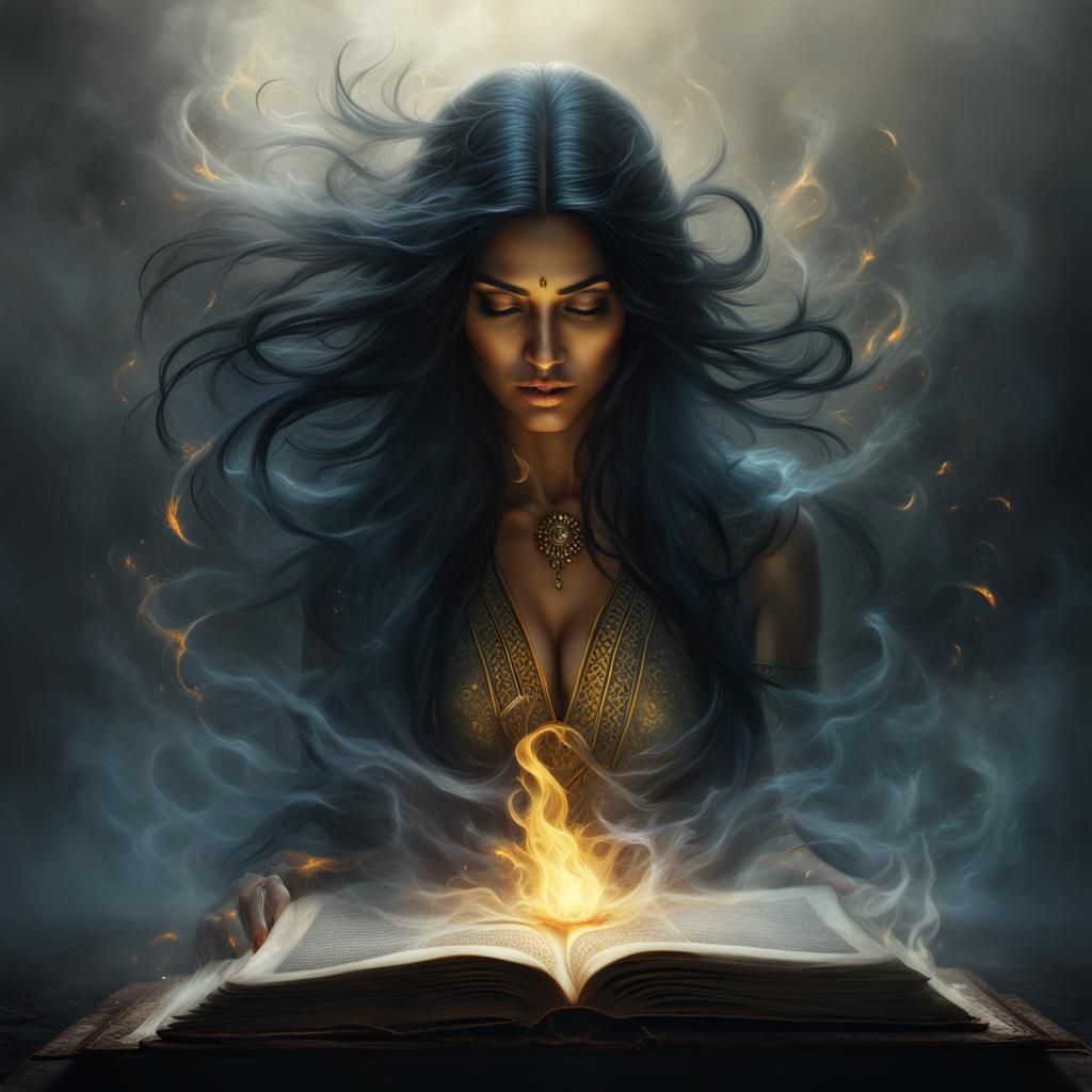 Surreal Goddess Emerges from Book Pages in Dark Fantasy
