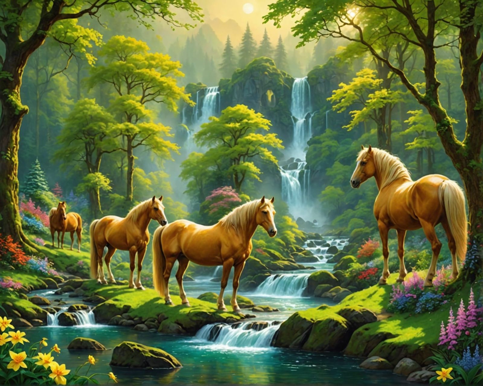Magnificent golden yeallow horses in a most mystycal beautif...