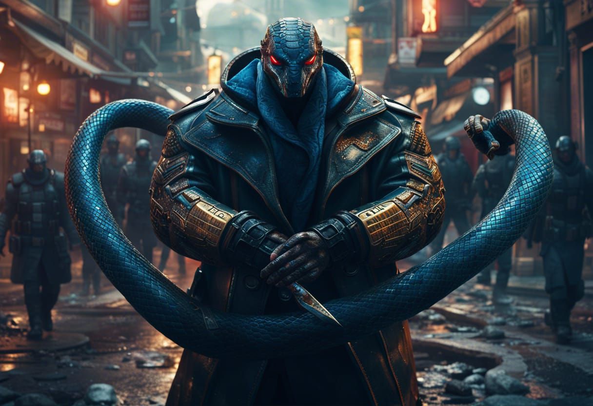 Epic Sci-Fi Splash Art of Snake Men in a Bustling Town