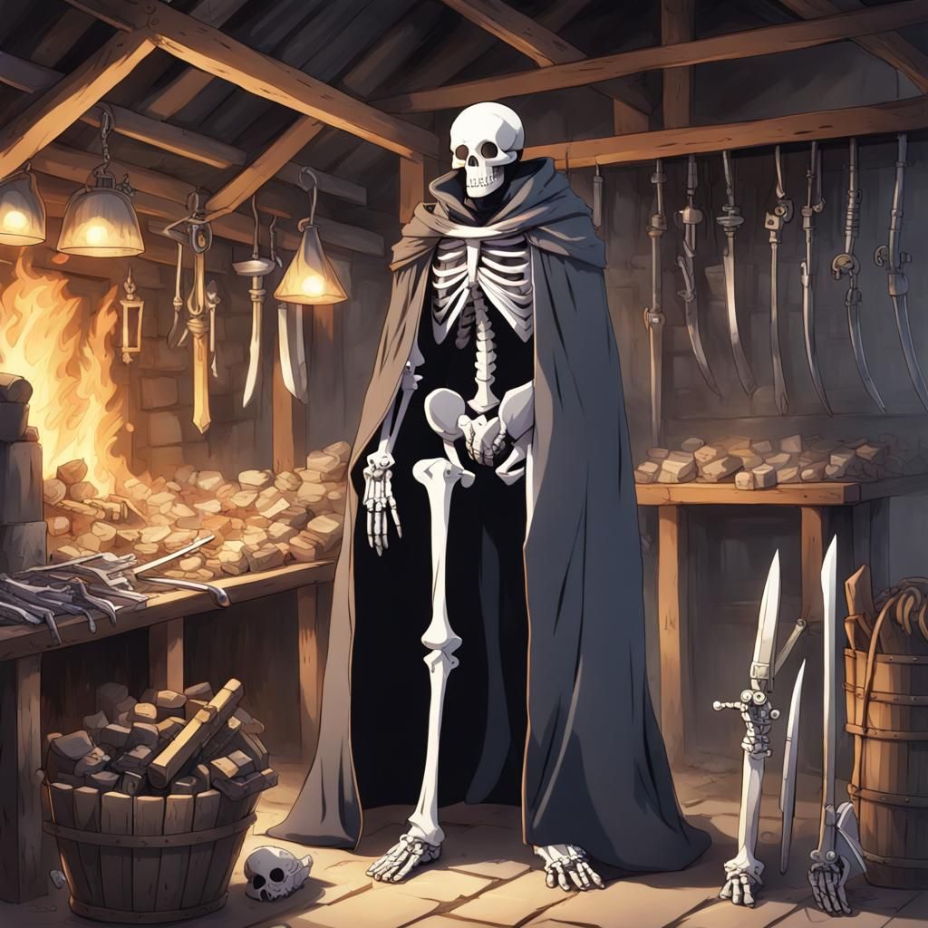 Skeletal Warrior Prepares for Battle in a Medieval Workshop