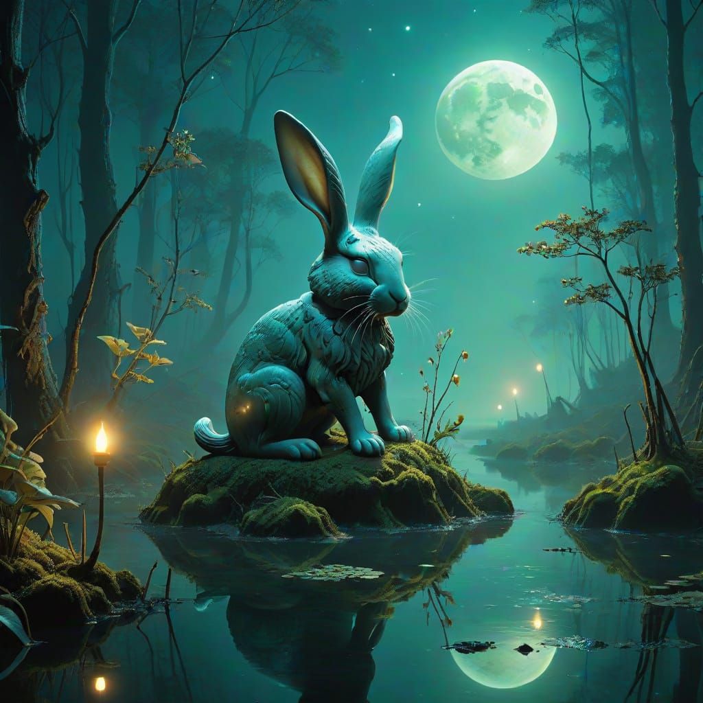 Ancient Jade Moon Rabbit in Bioluminescent Swamp
