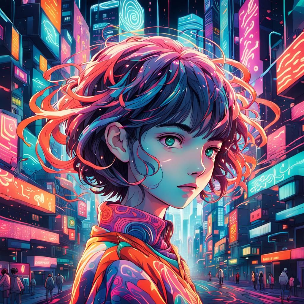 Psychedelic Anime Fusion of Swirling Patterns and Cityscapes