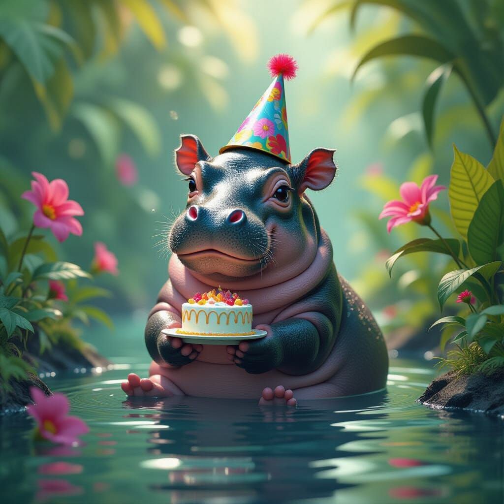 Pygmy Hippo's First Birthday in Detailed Matte Painting
