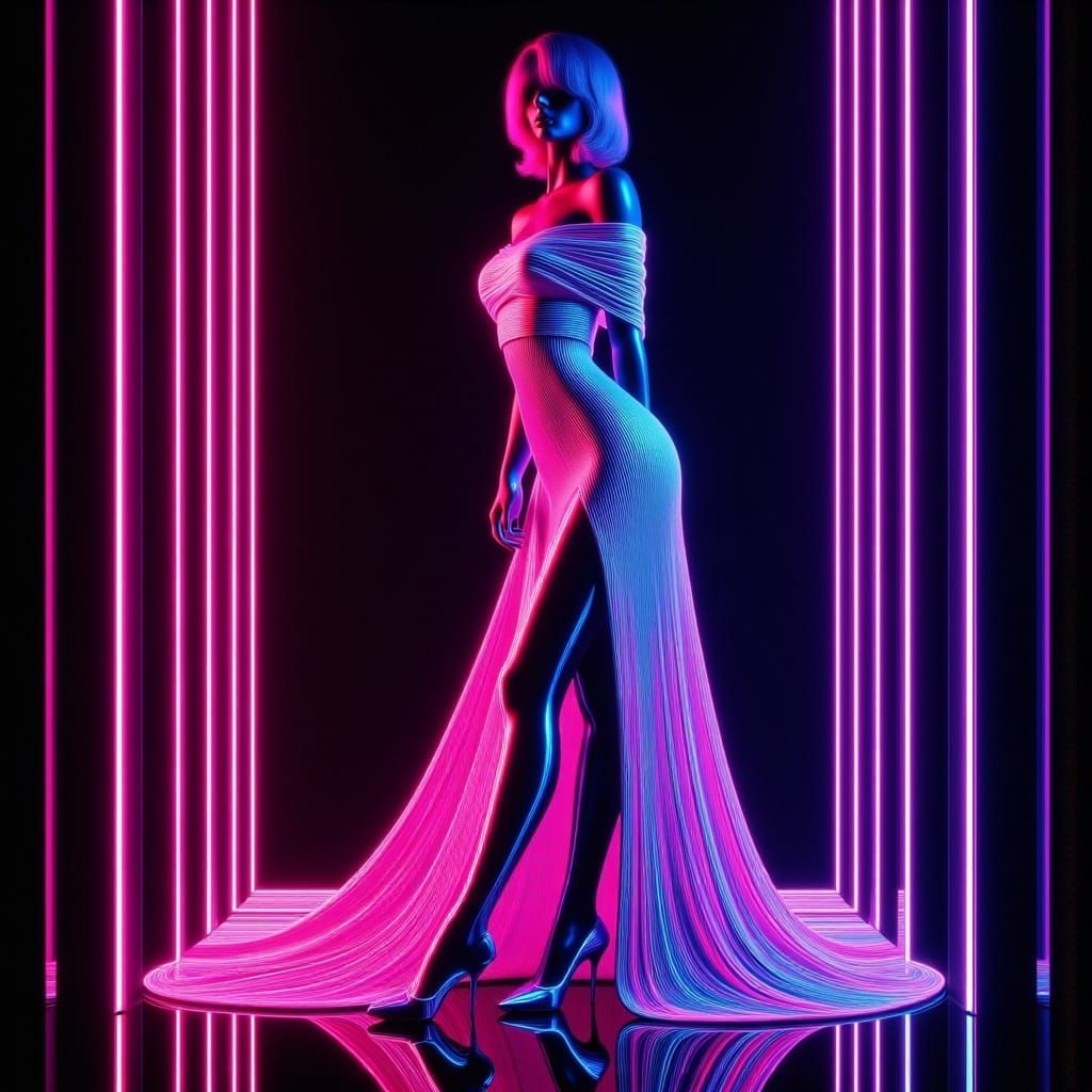 Retro-Futuristic Goddess in Neon Gown Silhouette