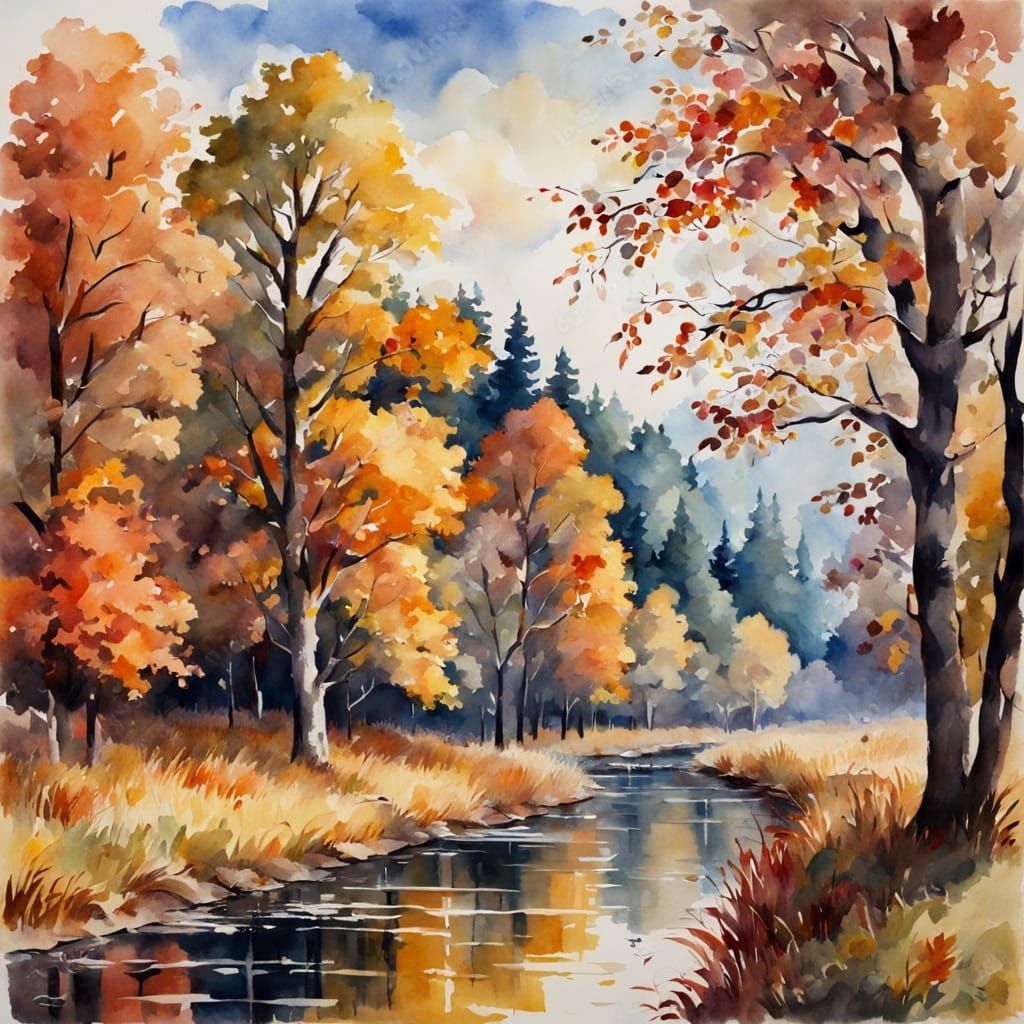 Vibrant Autumn Landscape in Gouache Watercolor Style